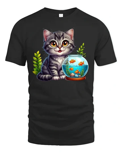 Cute Kitten Watching Fish Tee for Cat Lovers - black t-shirt on white background