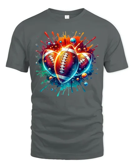 Vibrant Football Splash Art Tee for Sports Lovers - gray t-shirt on white background