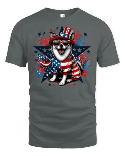 Patriotic Dog 4th of July Tee with American Spirit - gray t-shirt on white background