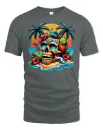 Tropical Skull Sunset Tee for Beach Party Lovers - gray t-shirt on white background