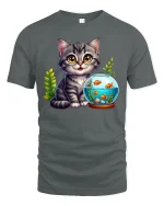 Cute Kitten Watching Fish Tee for Cat Lovers - gray t-shirt on white background