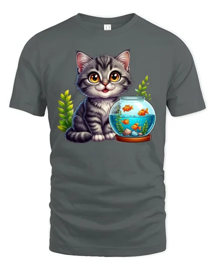 Cute Kitten Watching Fish Tee for Cat Lovers - gray t-shirt on white background