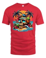 Tropical Skull Sunset Tee for Beach Party Lovers - red t-shirt on white background