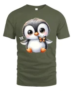 Cute Penguin with Butterfly Tee for Animal Lovers - military green t-shirt on white background