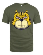 Funny Tiger Cat Face Tee for Animal Lovers - military green t-shirt on white background