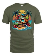 Tropical Skull Sunset Tee for Beach Party Lovers - military green t-shirt on white background