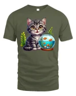 Cute Kitten Watching Fish Tee for Cat Lovers - military green t-shirt on white background