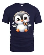 Cute Penguin with Butterfly Tee for Animal Lovers - navy t-shirt on white background