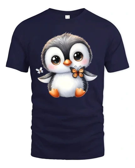 Cute Penguin with Butterfly Tee for Animal Lovers - navy t-shirt on white background