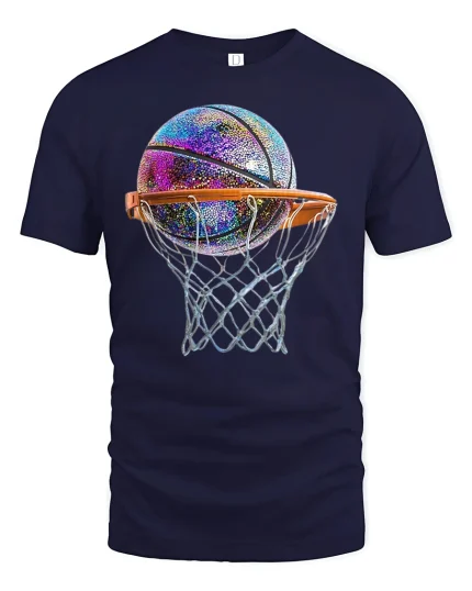 Shiny Basketball Hoop Tee for Game Day Lovers - navy t-shirt on white background
