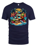 Tropical Skull Sunset Tee for Beach Party Lovers - navy t-shirt on white background