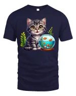 Cute Kitten Watching Fish Tee for Cat Lovers - navy t-shirt on white background