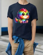 Cute Rainbow Monster Tee for Kawaii Animal Fans - model wearing navy tee with hands in pockets