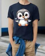 Cute Penguin with Butterfly Tee for Animal Lovers - model wearing navy tee with hands in pockets