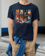 Basketball Game Day Tee for Hoopers and Fans - model wearing navy tee with hands in pockets