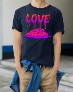 Melting Love Drip Art Tee for Cool Streetwear Fans - model wearing navy tee with hands in pockets