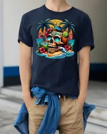 Tropical Skull Sunset Tee for Beach Party Lovers - model wearing navy tee with hands in pockets