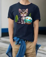 Cute Kitten Watching Fish Tee for Cat Lovers - model wearing navy tee with hands in pockets