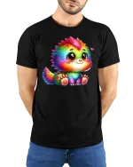 Cute Rainbow Monster Tee for Kawaii Animal Fans - model wearing black tee with hands behind back