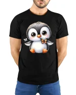 Cute Penguin with Butterfly Tee for Animal Lovers - model wearing black tee with hands behind back
