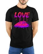 Melting Love Drip Art Tee for Cool Streetwear Fans - model wearing black tee with hands behind back