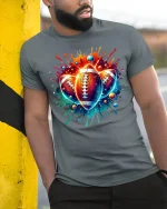 Vibrant Football Splash Art Tee for Sports Lovers - model wearing grey tee, leaning on column
