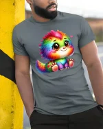 Cute Rainbow Monster Tee for Kawaii Animal Fans - model wearing grey tee, leaning on column