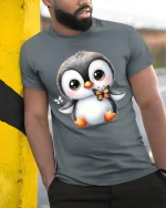 Cute Penguin with Butterfly Tee for Animal Lovers - model wearing grey tee, leaning on column