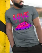 Melting Love Drip Art Tee for Cool Streetwear Fans - model wearing grey tee, leaning on column