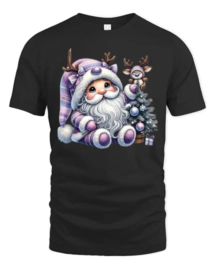 Cute Pastel Santa Tee Adorable Reindeer and Christmas Tree Tshirt - black t-shirt on white background