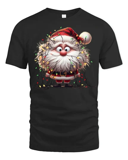 Tangled Lights Santa Tee Funny Christmas Holiday T-Shirt - black t-shirt on white background