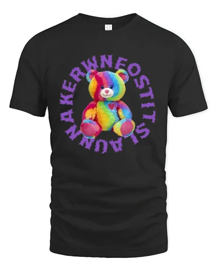 Rainbow Teddy Love Cute Plush Bear Art Tee for Trendy Style - black t-shirt on white background
