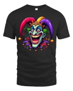 Crazy Jester Smile Tee Colorful Joker Art TShirt for Fans - black t-shirt on white background