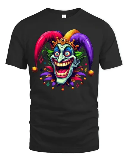 Crazy Jester Smile Tee Colorful Joker Art TShirt for Fans - black t-shirt on white background
