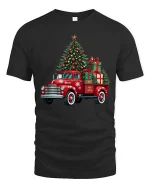 Vintage Christmas Truck Tee with Tree and Holiday Gifts - black t-shirt on white background