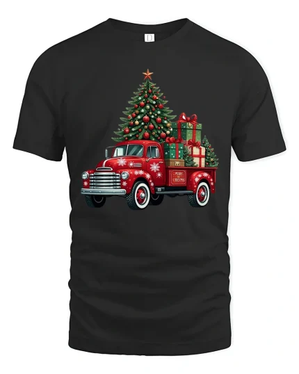 Vintage Christmas Truck Tee with Tree and Holiday Gifts - black t-shirt on white background