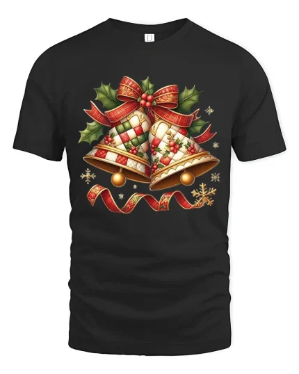 Festive Christmas Bells Tee with Holly and Holiday Ribbon - black t-shirt on white background