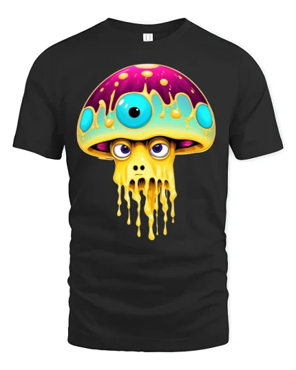 Psychedelic Drip Shroom Monster Art Tee for Trippy Style Fans - black t-shirt on white background