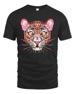 Psychedelic Leopard Face Art Tee - Wild Trippy Animal Tshirt - black t-shirt on white background