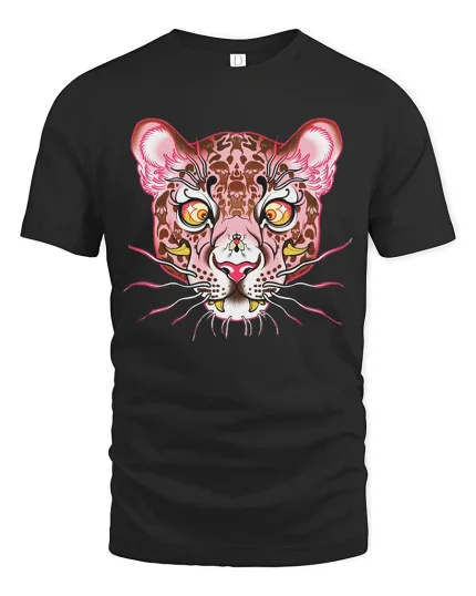 Psychedelic Leopard Face Art Tee - Wild Trippy Animal Tshirt - black t-shirt on white background