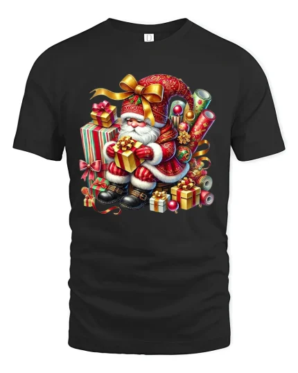 Cute Santa Gift Wrap Tee Adorable Christmas Presents Tshirt - black t-shirt on white background