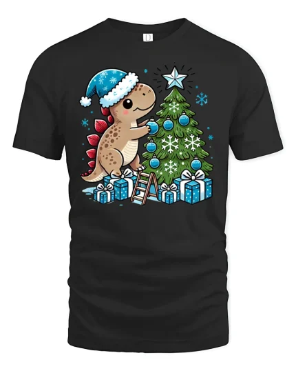 Cute Dino Decorating Christmas Tree Holiday Fun T-Shirt - black t-shirt on white background