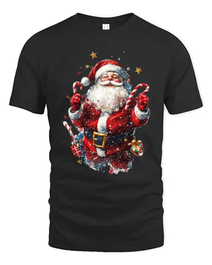 Jolly Santa Candy Cane Party Christmas Tee for Holiday Fun - black t-shirt on white background