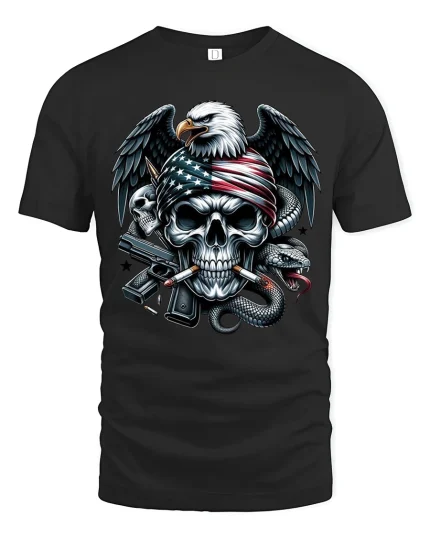 Patriotic Eagle Skull Snake Warrior Graphic Tee for Men - black t-shirt on white background