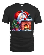 Funny Santa Stuck on Chimney Christmas Tee for Holiday Fun - black t-shirt on white background