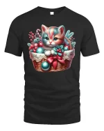 Cute Christmas Kitten Tee Holiday Basket and Ornaments Tshirt - black t-shirt on white background