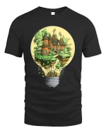 Fantasy Lightbulb House Tee Creative Floating Cottage Tshirt - black t-shirt on white background