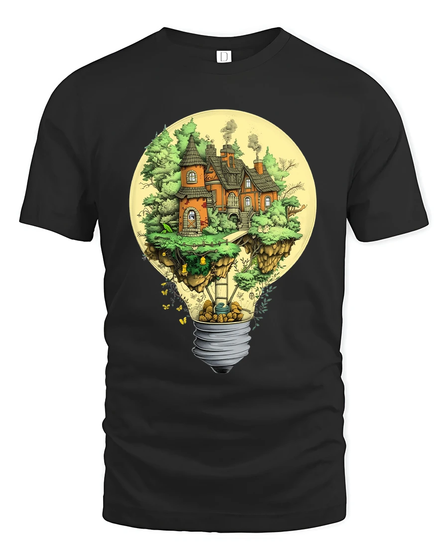 Fantasy Lightbulb House Tee Creative Floating Cottage Tshirt - 1 Fantasy Lightbulb House Tee Creative Floating Cottage Tshirt - black t-shirt on white background