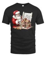 Santa Gingerbread Architect Tee Funny Christmas Blueprint Tshirt - black t-shirt on white background