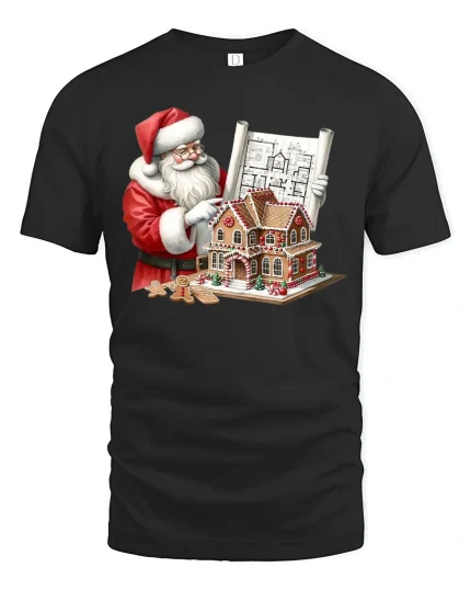 Santa Gingerbread Architect Tee Funny Christmas Blueprint Tshirt - black t-shirt on white background
